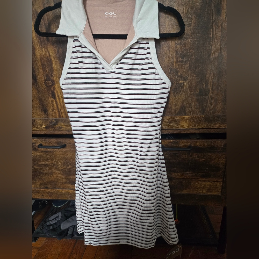 OGL White Dress with Burgundy Stripes and Polo Collar